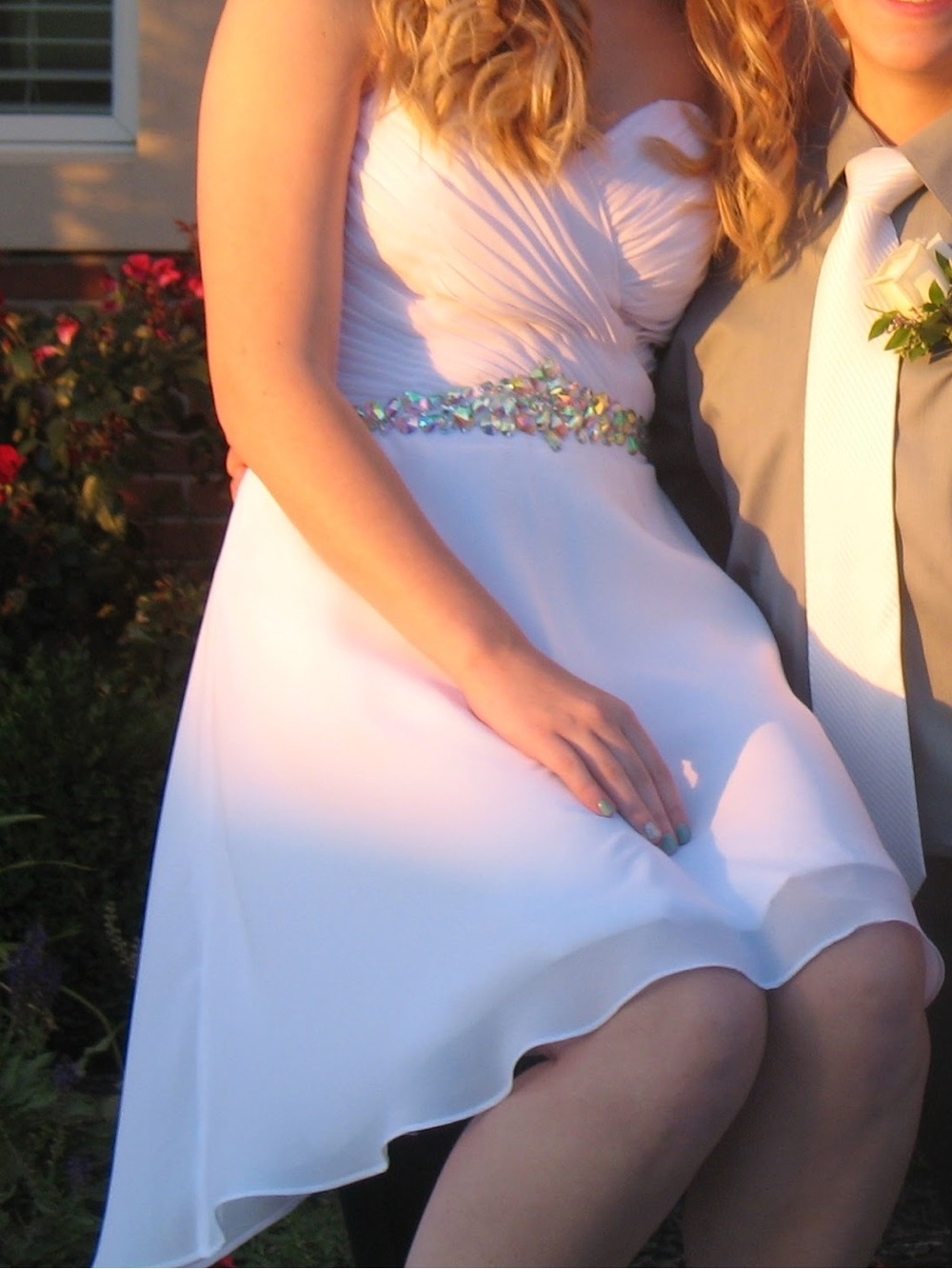 White Pleated Strapless Homecoming or Prom Dress with Jeweled Waist
